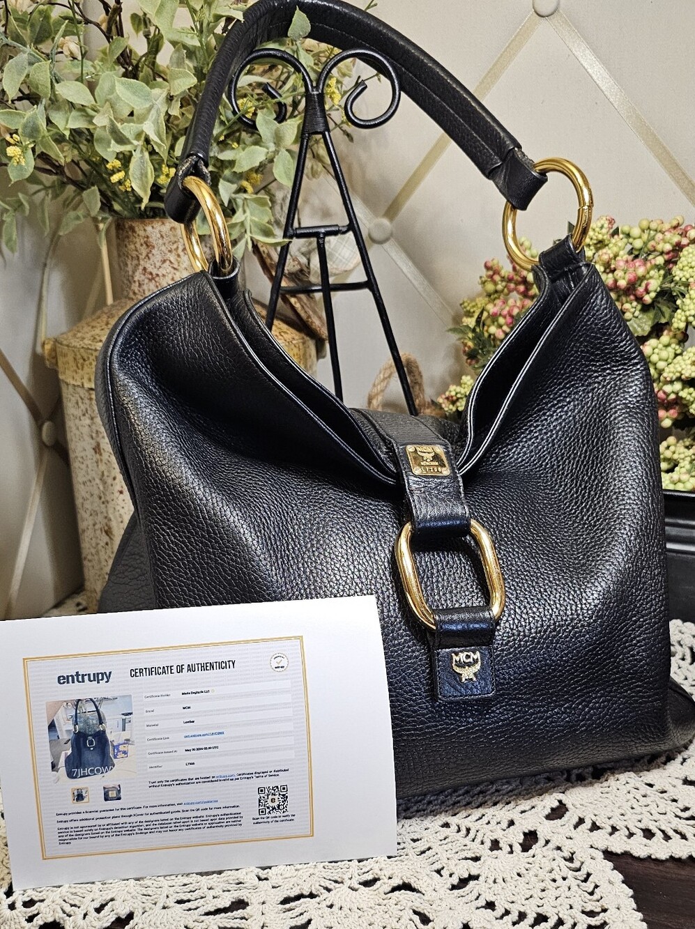 MCM Black Pebbled Leather Hobo Bag with Gold Hardware And COA.